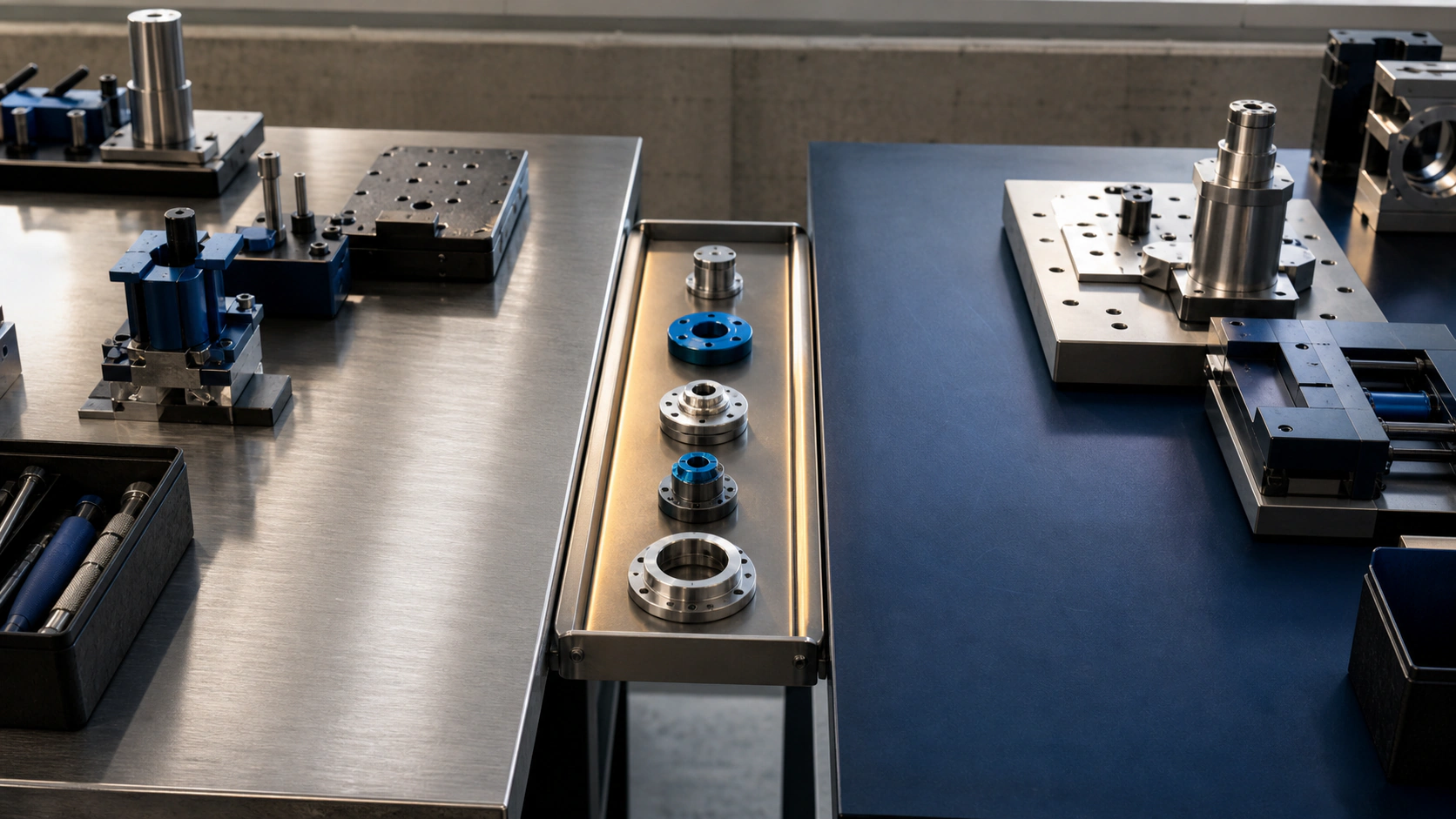 Precision components arranged between two manufacturing workstations