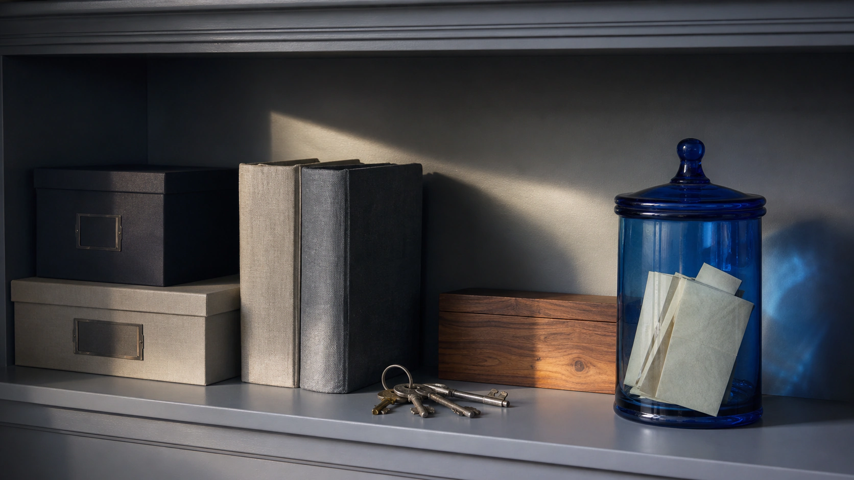 Family archive boxes, a key, and a blue glass vessel arranged on a shelf