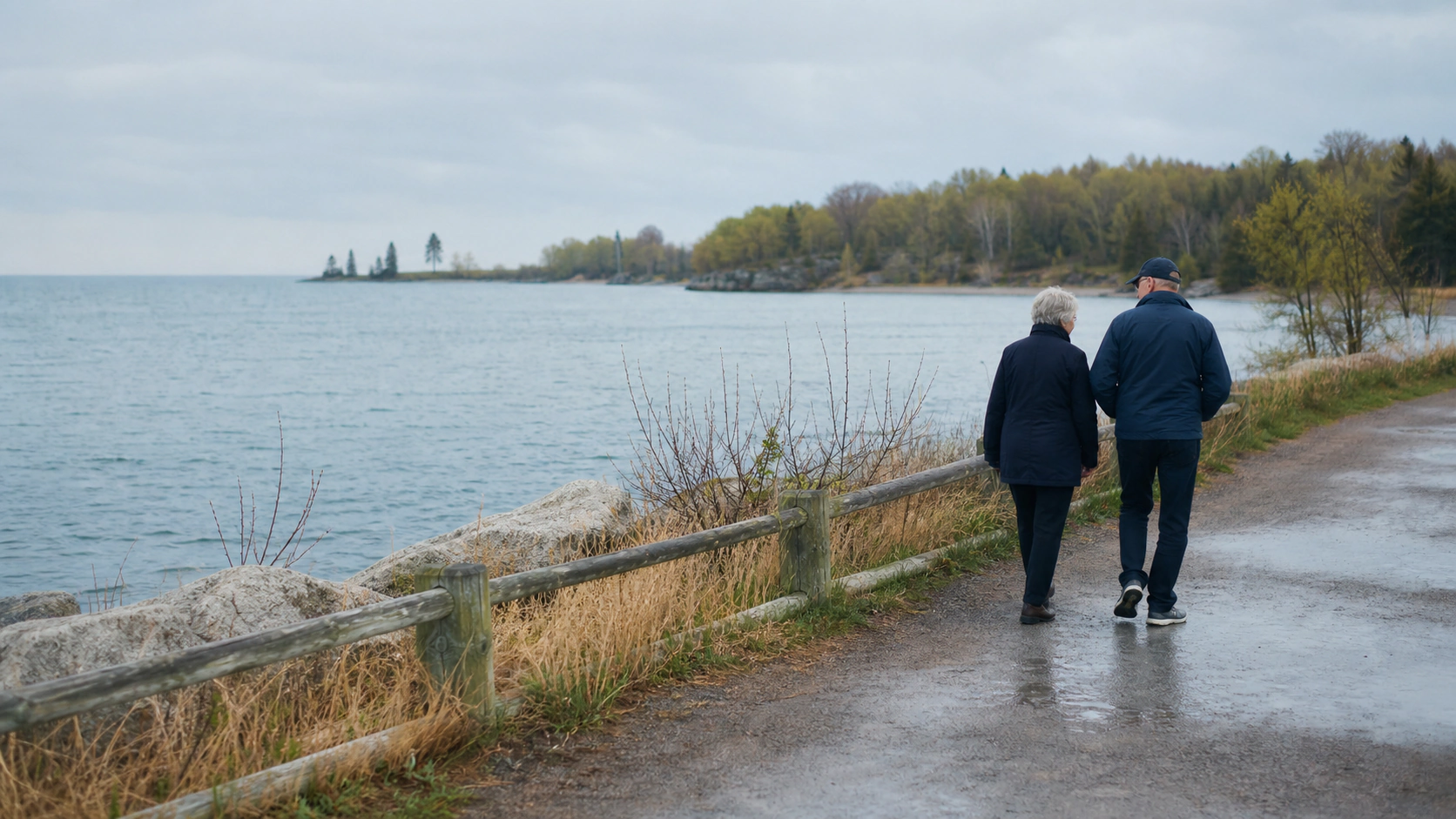 An older couple walking beside a quiet Ontario waterfront