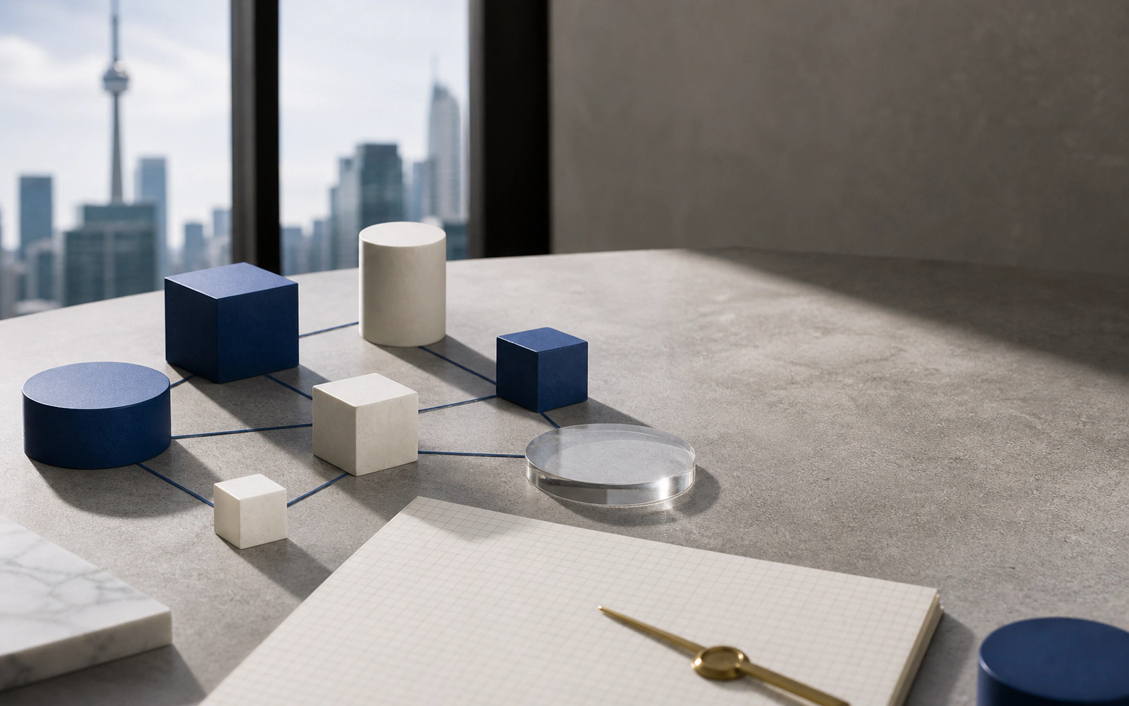 An abstract physical model connecting cobalt planning blocks on a stone desk